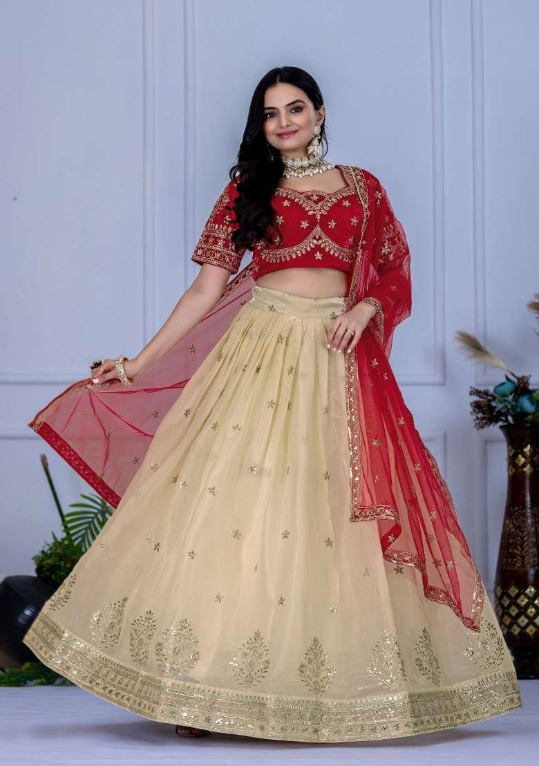 Off White Net Lehenga Set with Embroidered for Diwali | Wedding & Festive Wear - Indya