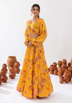 Yellow Chinon Lehenga Set with Floral Print for Diwali | Wedding & Festive Wear