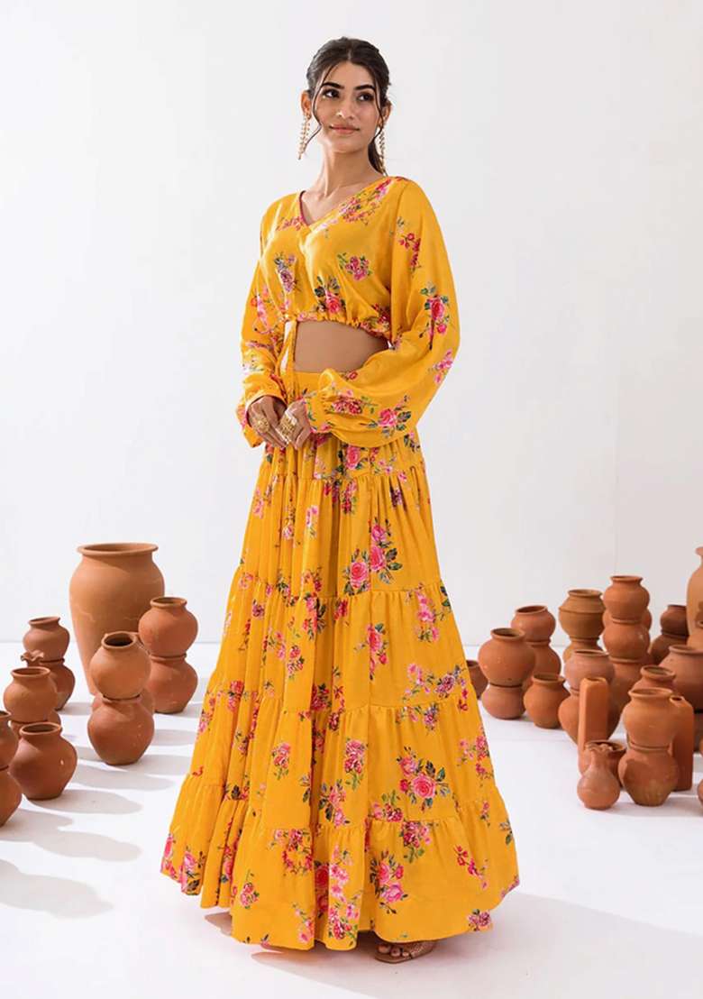 Yellow Chinon Lehenga Set with Floral Print for Diwali | Wedding & Festive Wear - Indya