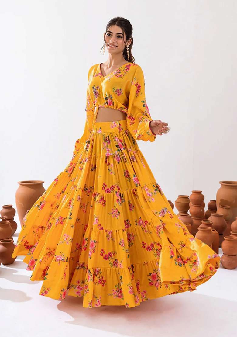 Yellow Chinon Lehenga Set with Floral Print for Diwali | Wedding & Festive Wear - Indya
