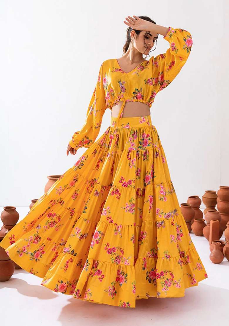 Yellow Chinon Lehenga Set with Floral Print for Diwali | Wedding & Festive Wear - Indya