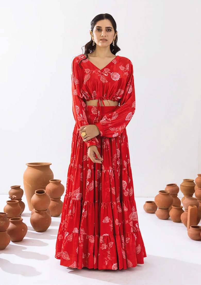Sample Red Floral Print Chinon Lehenga Set for Diwali and Festive Wear - Indya
