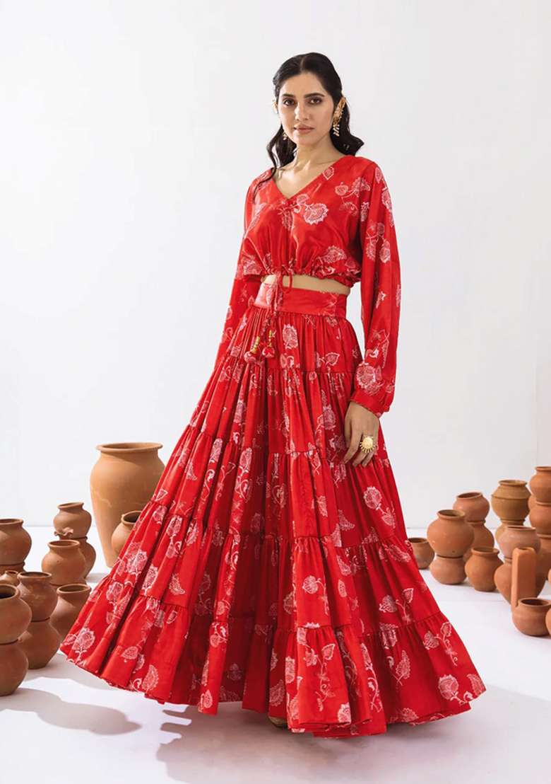 Sample Red Floral Print Chinon Lehenga Set for Diwali and Festive Wear - Indya