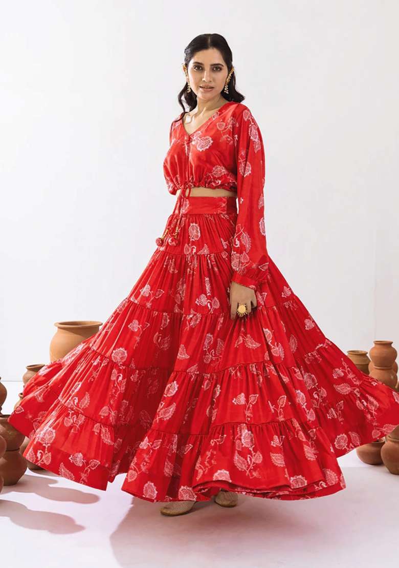 Sample Red Floral Print Chinon Lehenga Set for Diwali and Festive Wear - Indya