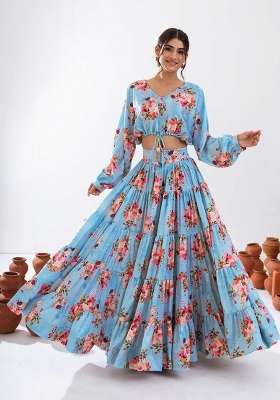 Turquoise Blue Floral Print Chinon Lehenga Set for Diwali and Festive Wear