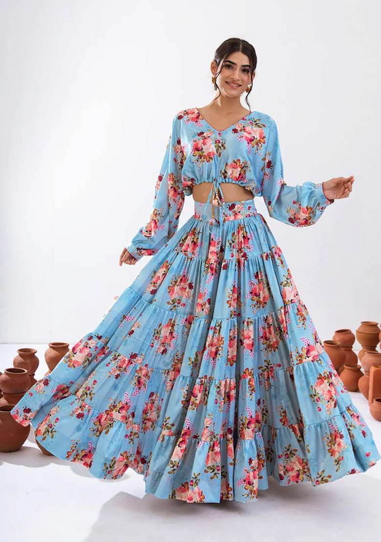 Turquoise Blue Floral Print Chinon Lehenga Set for Diwali and Festive Wear - Indya