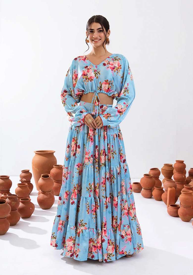 Turquoise Blue Floral Print Chinon Lehenga Set for Diwali and Festive Wear - Indya