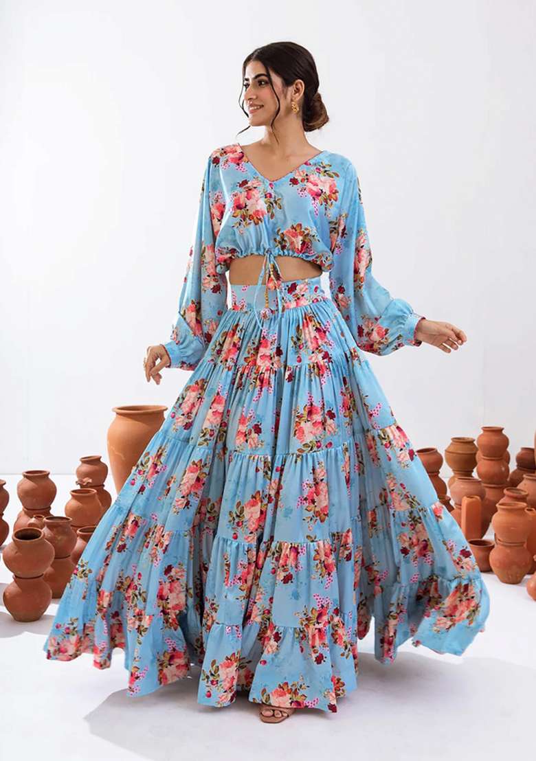 Turquoise Blue Floral Print Chinon Lehenga Set for Diwali and Festive Wear - Indya
