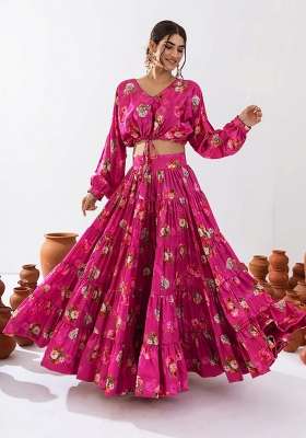Magenta Chinon Lehenga Set with Floral Print for Diwali | Wedding & Festive Wear