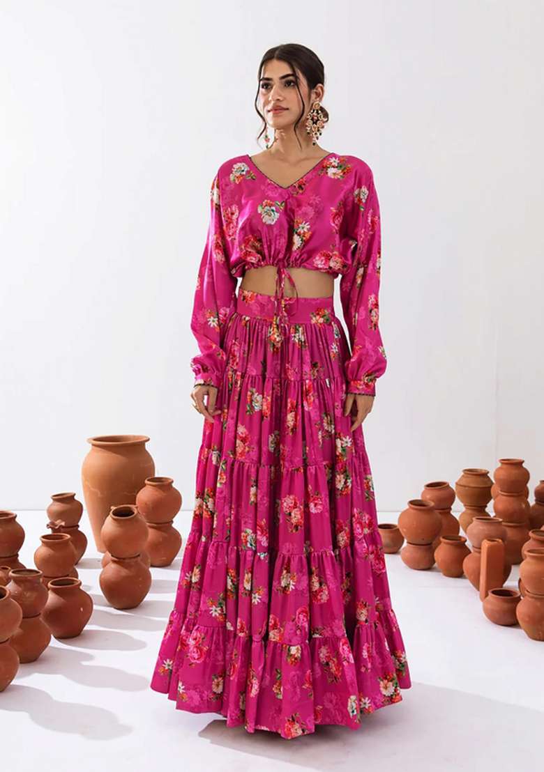 Magenta Chinon Lehenga Set with Floral Print for Diwali | Wedding & Festive Wear - Indya