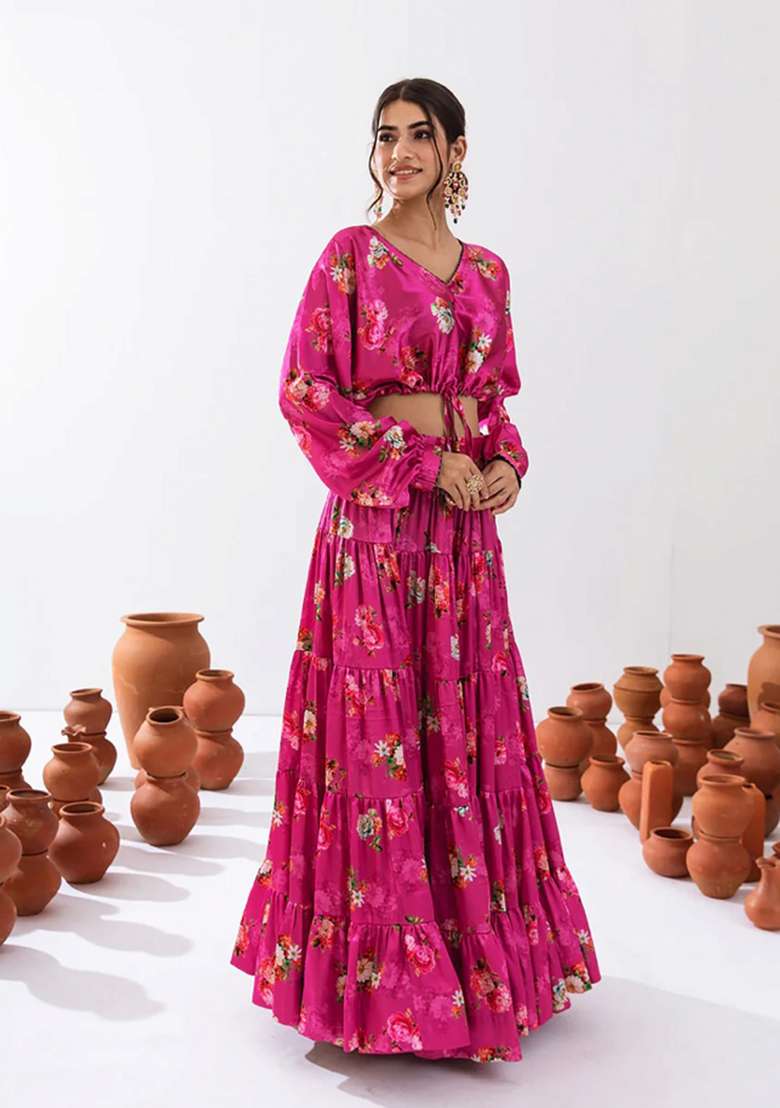 Magenta Chinon Lehenga Set with Floral Print for Diwali | Wedding & Festive Wear - Indya