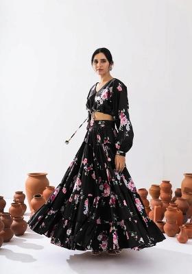 Black Floral Print Chinon Lehenga Set