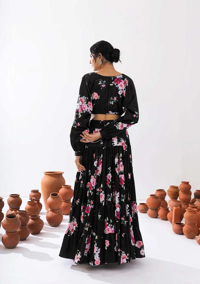 Black Floral Print Chinon Lehenga Set for Diwali and Festive Wear - Indya