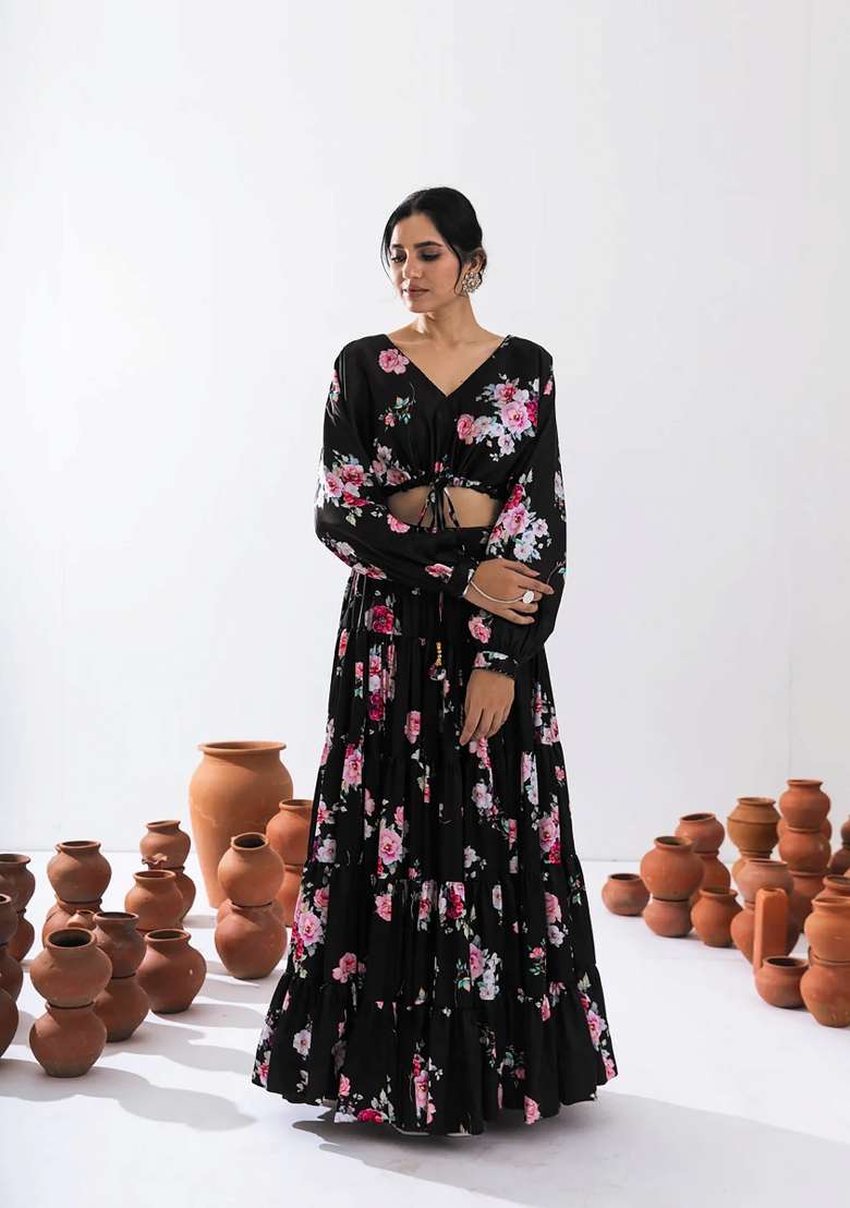 Black Floral Print Chinon Lehenga Set for Diwali and Festive Wear - Indya