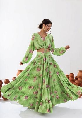 Pista Green Floral Print Chinon Lehenga Set