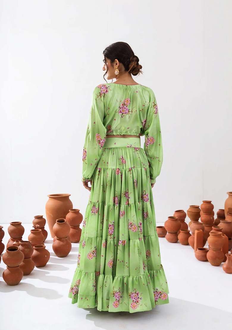 Pista Green Chinon Lehenga Set with Floral Print for Diwali | Wedding & Festive Wear - Indya