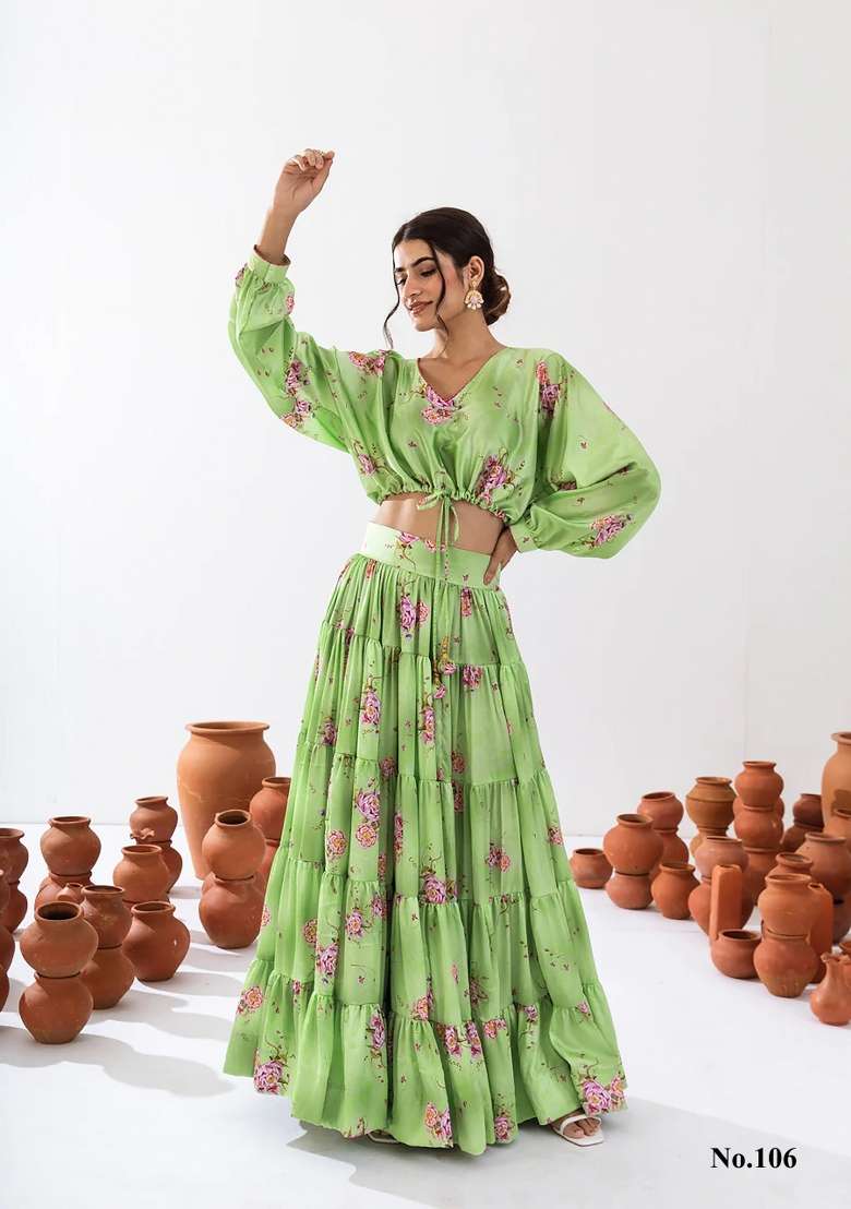 Pista Green Chinon Lehenga Set with Floral Print for Diwali | Wedding & Festive Wear - Indya