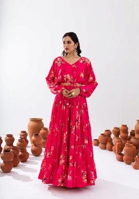 Rani Pink Floral Print Chinon Lehenga Set
