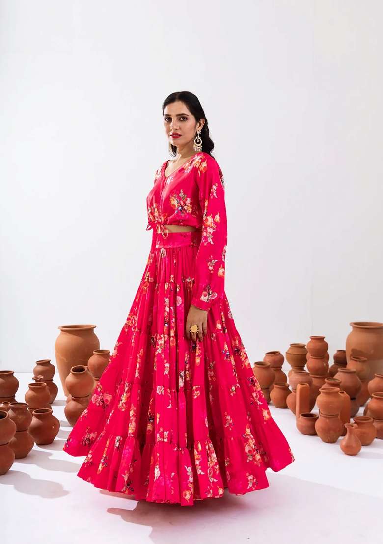Rani Pink Floral Print Chinon Lehenga Set for Diwali and Festive Wear - Indya