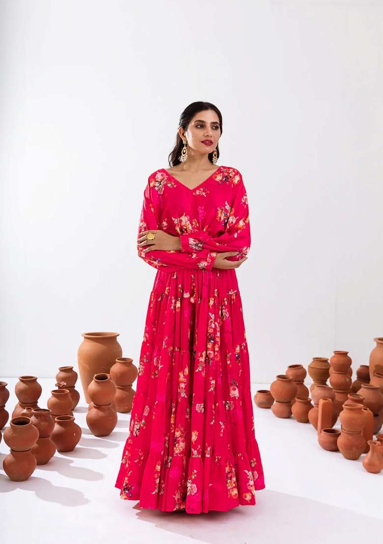 Rani Pink Floral Print Chinon Lehenga Set for Diwali and Festive Wear - Indya