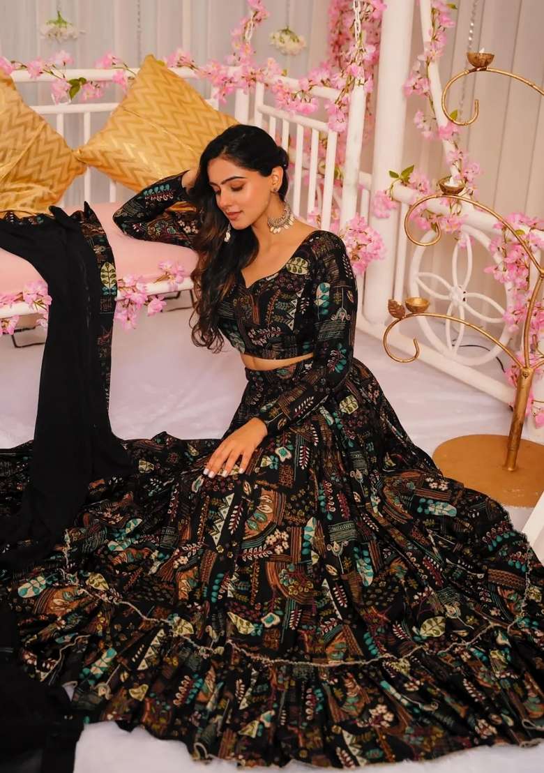 Black Printed Chinon Lehenga Set for Diwali and Festive Wear - Indya