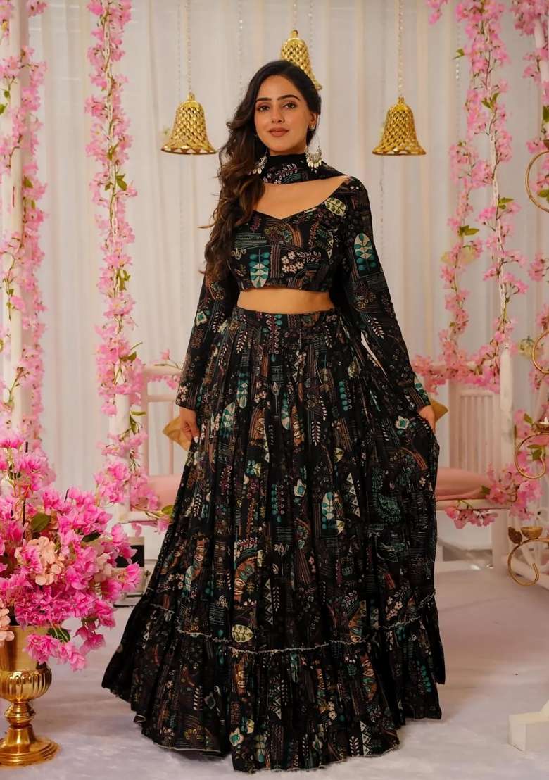 Black Printed Chinon Lehenga Set for Diwali and Festive Wear - Indya