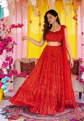 Red Chinon Lehenga Set with Printed for Diwali | Wedding & Festive Wear