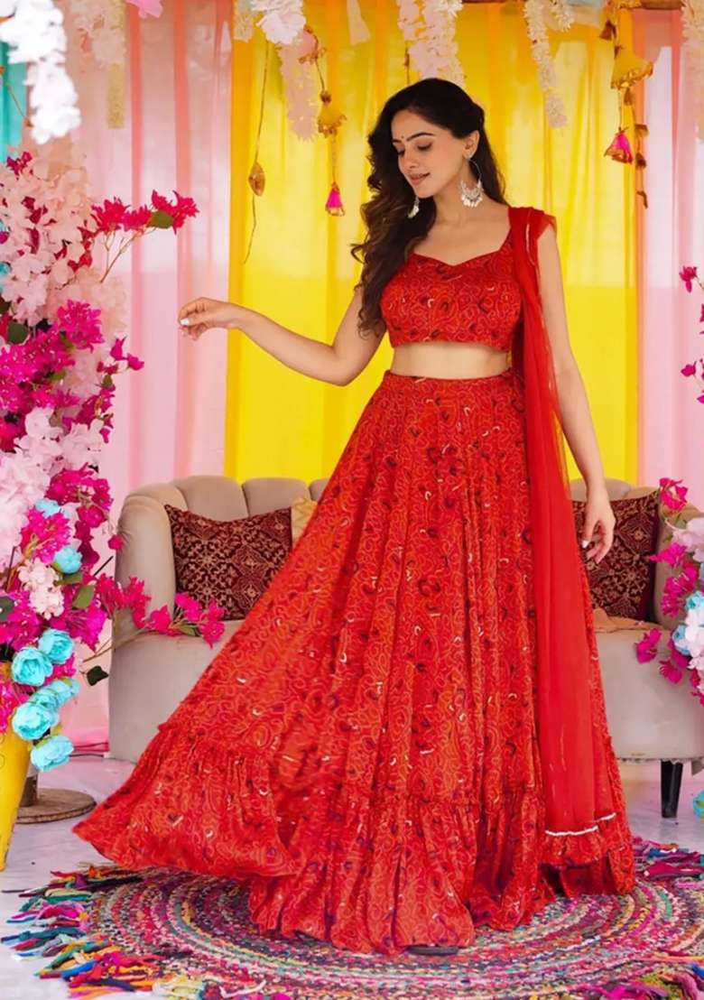 Red Chinon Lehenga Set with Printed for Diwali | Wedding & Festive Wear - Indya