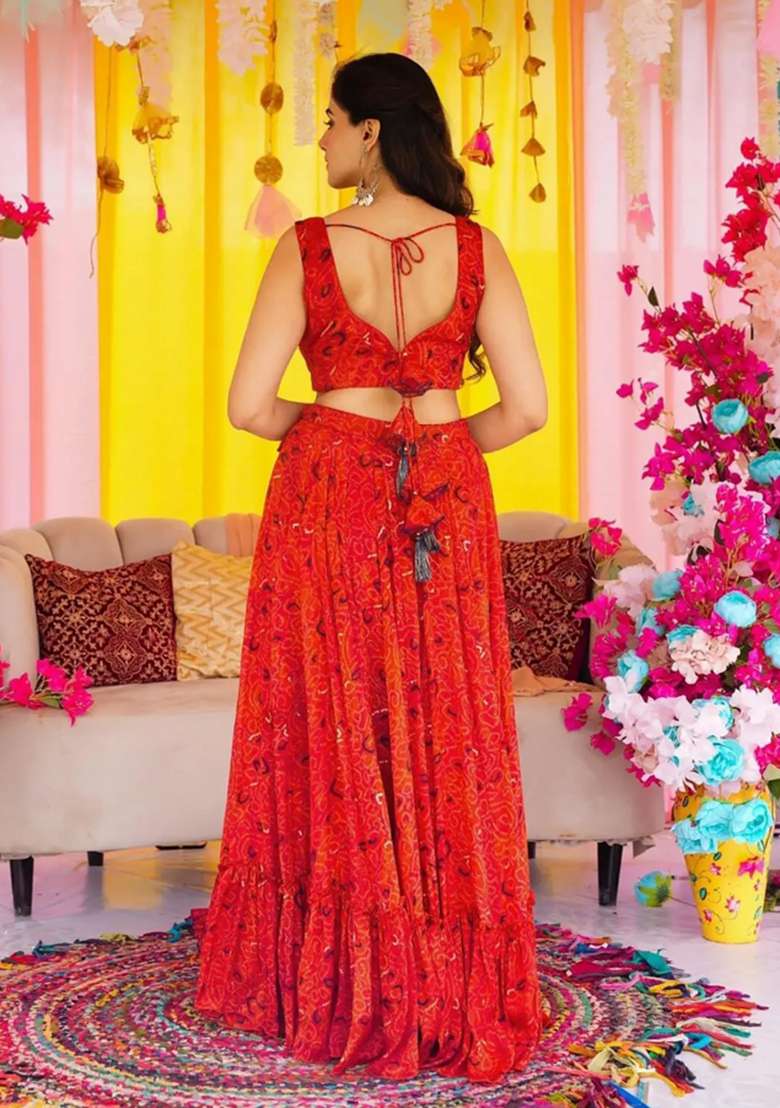 Red Chinon Lehenga Set with Printed for Diwali | Wedding & Festive Wear - Indya