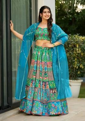 Sea Green Printed Silk Lehenga Set