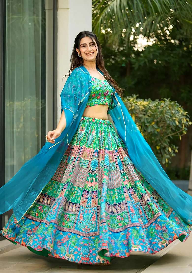 Sea Green Printed Silk Lehenga Set for Diwali and Festive Wear - Indya