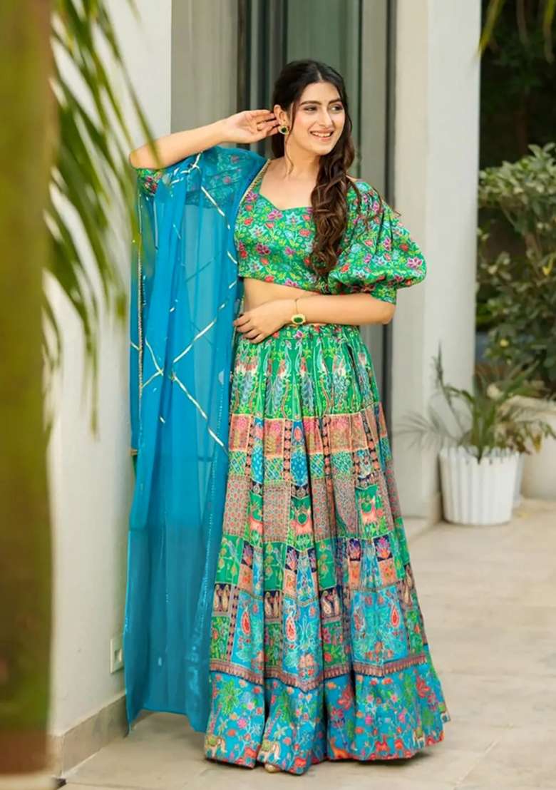 Sea Green Printed Silk Lehenga Set for Diwali and Festive Wear - Indya