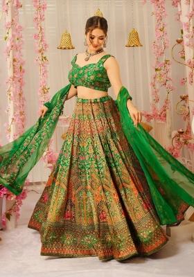 Green Printed Silk Lehenga Set