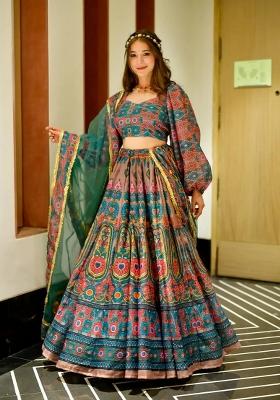 Blue Printed Silk Lehenga Set
