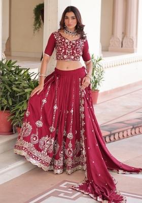 Maroon Embroidered Silk Lehenga Set