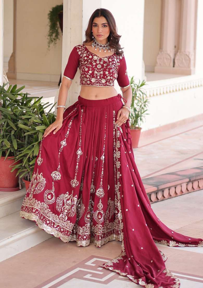 Maroon Embroidered Silk Lehenga Set - Indya