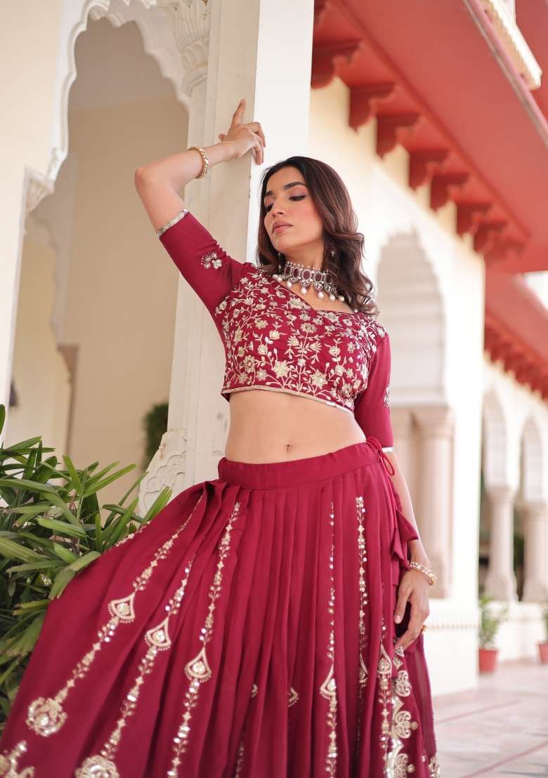 Maroon Embroidered Silk Lehenga Set - Indya