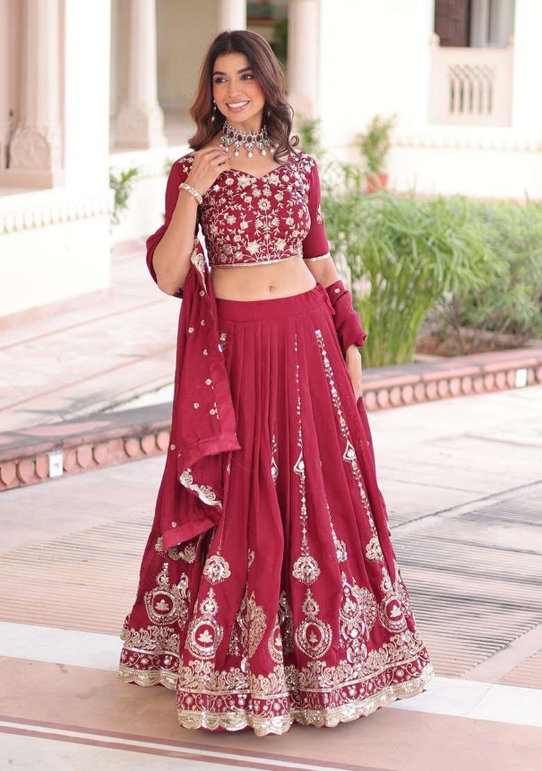 Maroon Embroidered Silk Lehenga Set - Indya