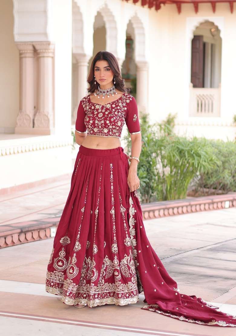 Maroon Embroidered Silk Lehenga Set - Indya