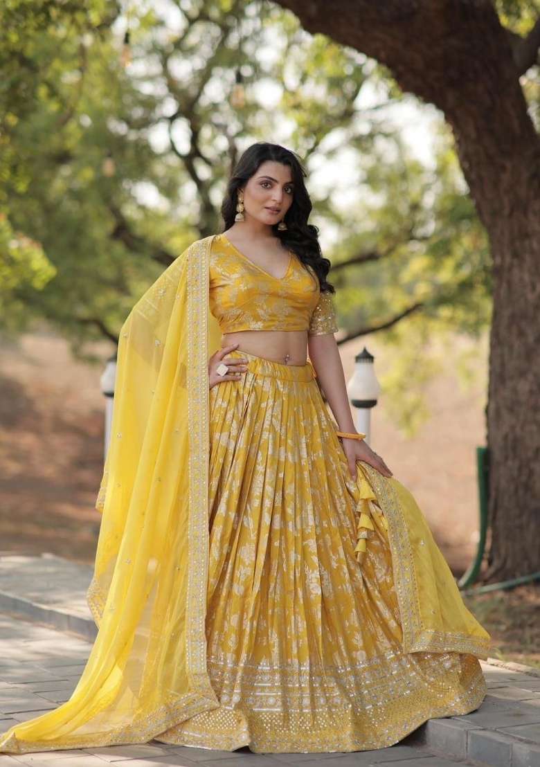 Yellow Embroidered Viscose Lehenga Set for Diwali and Festive Wear - Indya