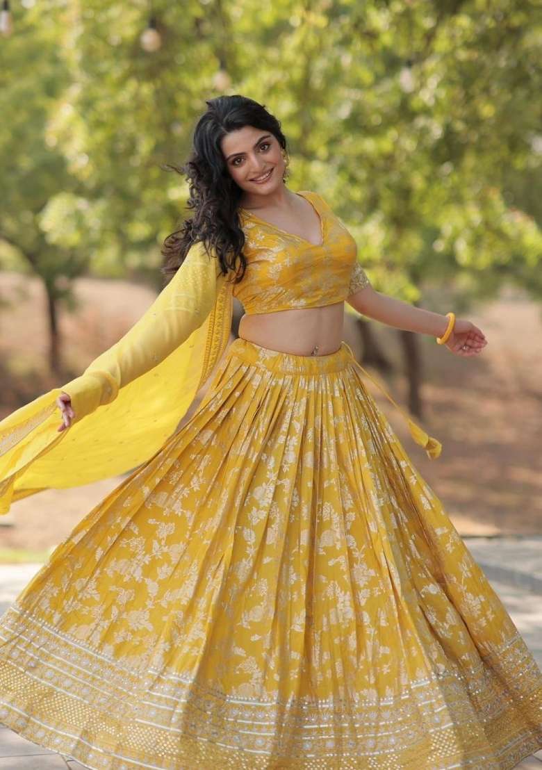 Yellow Embroidered Viscose Lehenga Set for Diwali and Festive Wear - Indya