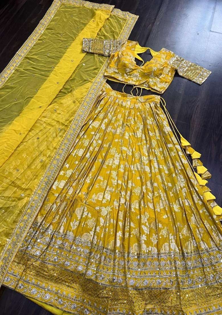 Yellow Embroidered Viscose Lehenga Set for Diwali and Festive Wear - Indya
