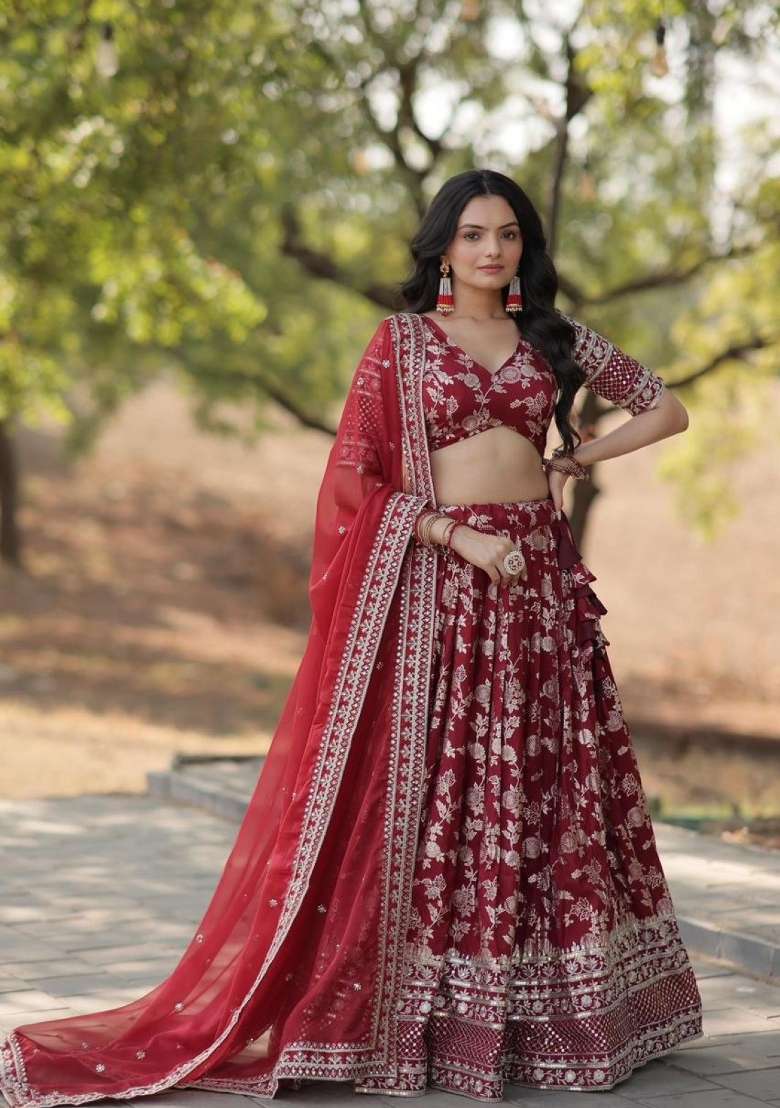 Maroon Viscose Lehenga Set with Embroidered for Diwali | Wedding & Festive Wear - Indya