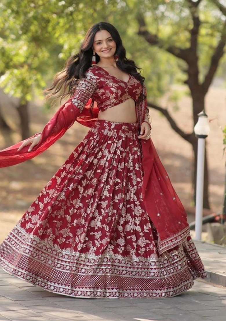 Maroon Viscose Lehenga Set with Embroidered for Diwali | Wedding & Festive Wear - Indya