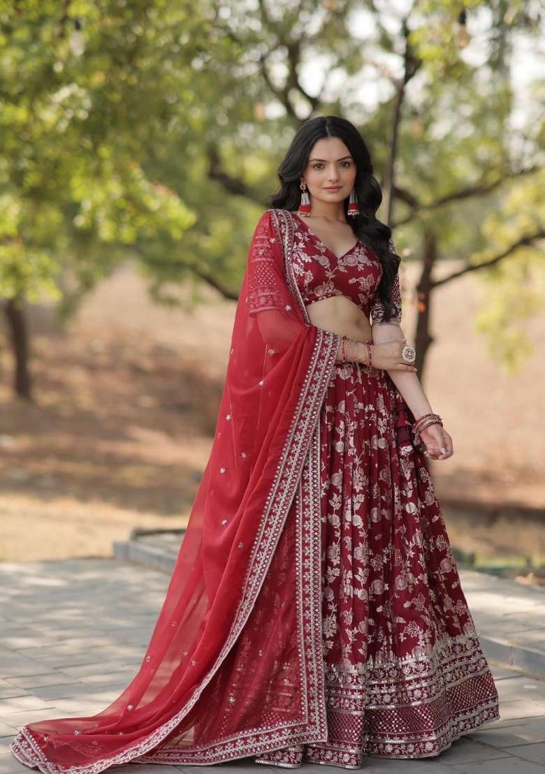 Maroon Viscose Lehenga Set with Embroidered for Diwali | Wedding & Festive Wear - Indya