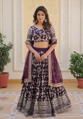Purple Embroidered Viscose Lehenga Set