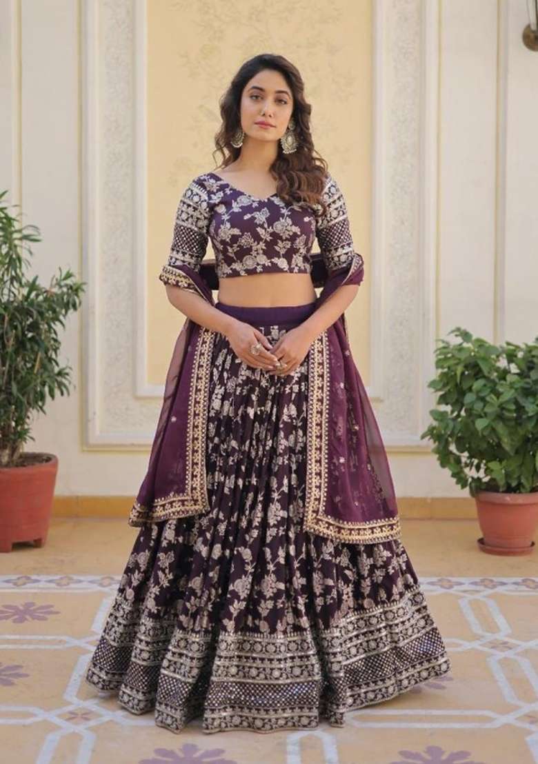 Purple Viscose Lehenga Set with Embroidered for Diwali | Wedding & Festive Wear - Indya