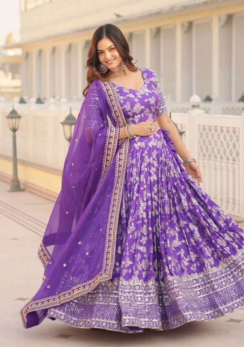Violet Embroidered Viscose Lehenga Set for Diwali and Festive Wear - Indya