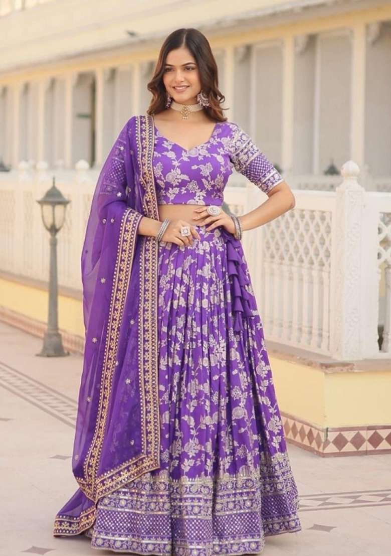 Violet Embroidered Viscose Lehenga Set for Diwali and Festive Wear - Indya