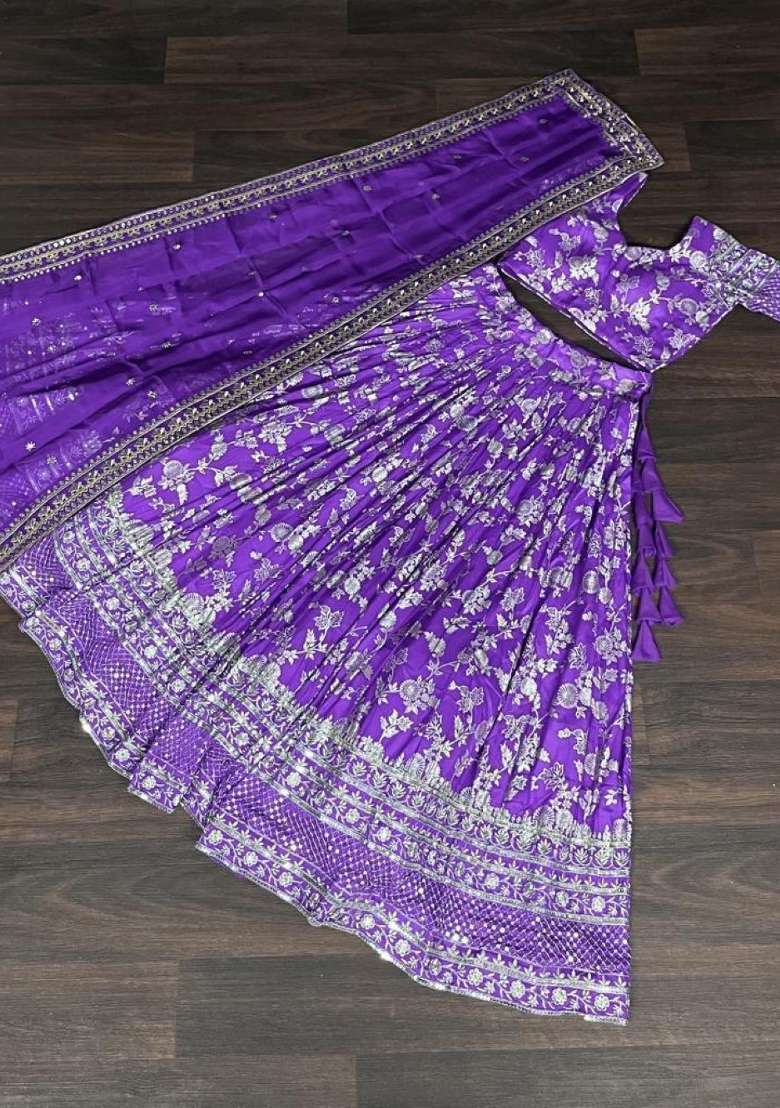 Violet Embroidered Viscose Lehenga Set for Diwali and Festive Wear - Indya